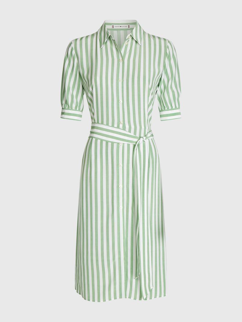 Női Tommy Hilfiger Stripe Tie-Derekú Shirtdress Dresses Zöld | HU 128GSO